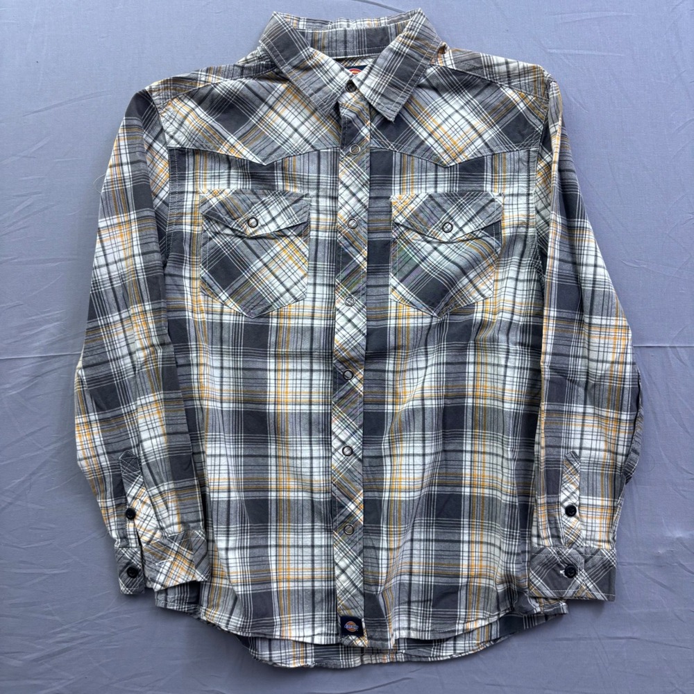 Dickies Workwear Plaid Pearl‎ Snap Shirt Grey Yellow Graphic Back Medium M 8/10